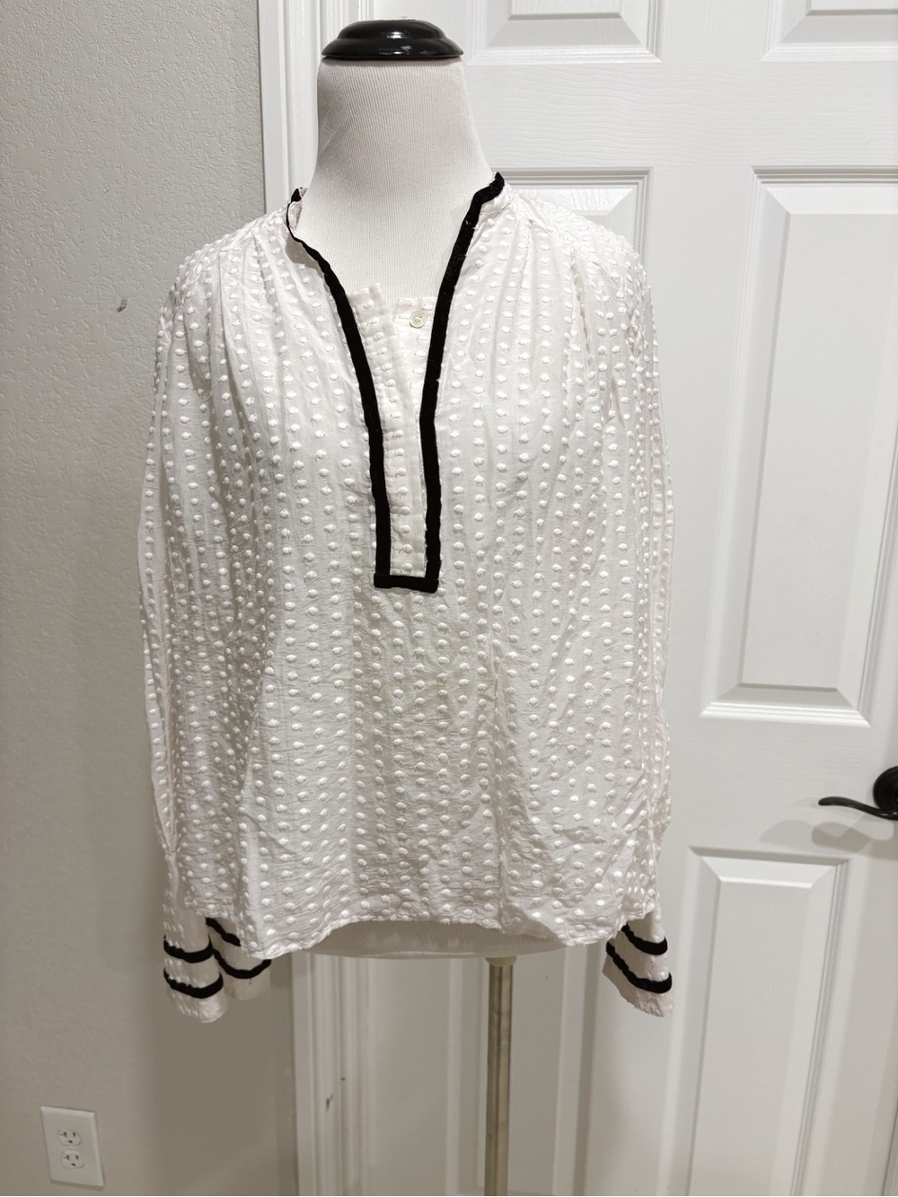 FRAME White Swiss Dot Peasant Blouse with Black Trim Medium